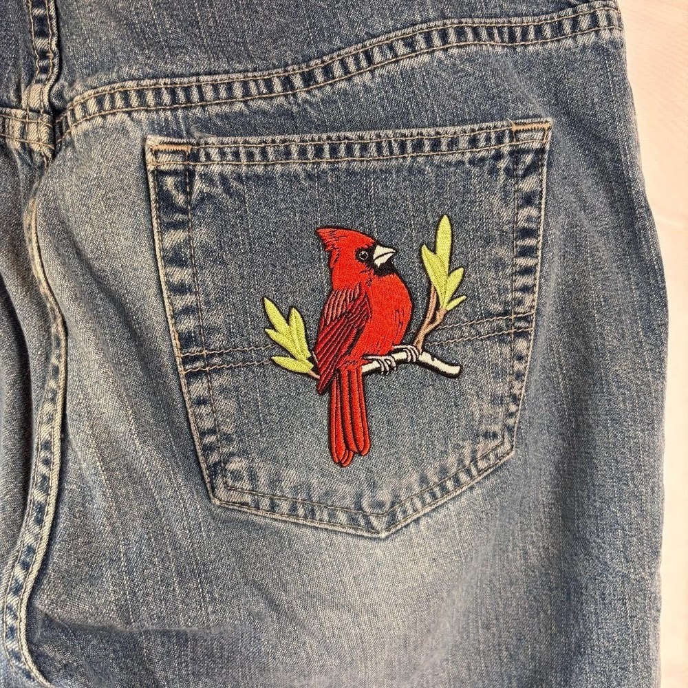 Vintage Upcycled Tommy Hilfiger‎ Flare Jeans Womens Size14R Cardinals Christmas - Picture 3 of 11